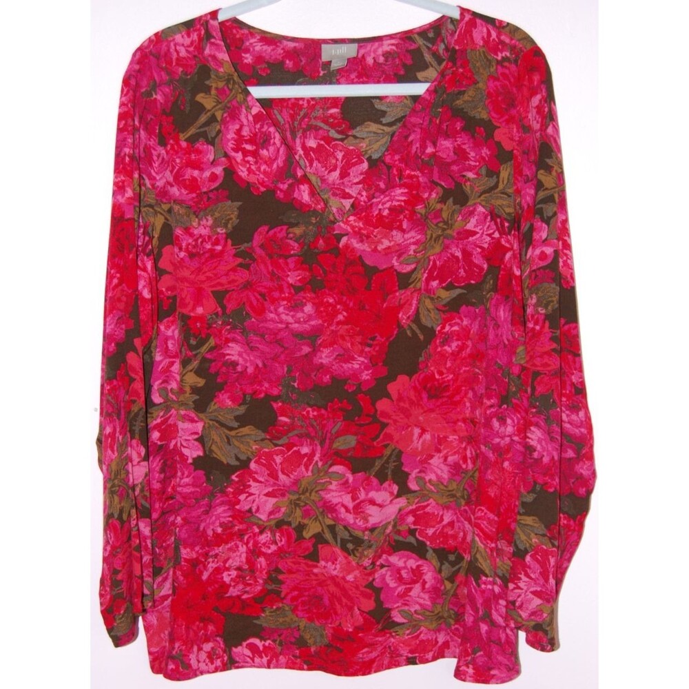 J Jill Women Large Floral V-Neck Blouse Pink Red 3/4 Sleeve Top Boho Peasant